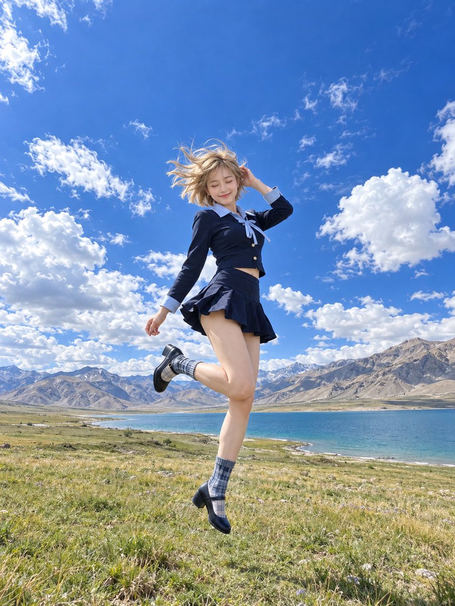 Adult Woman Jumps Joyfully on Vast Plateau Grassland Under Blue Sky