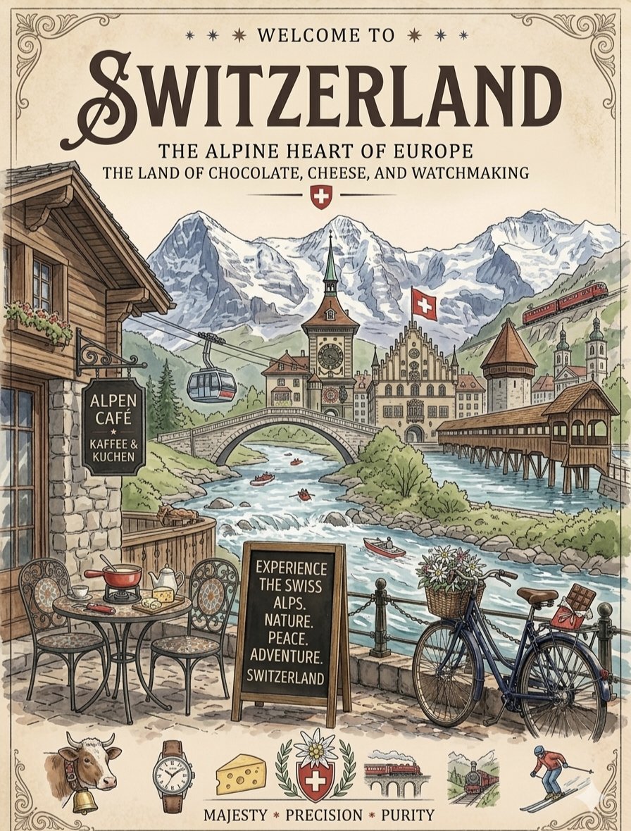 Vintage poster shows Swiss Alps and cozy lakeside town.