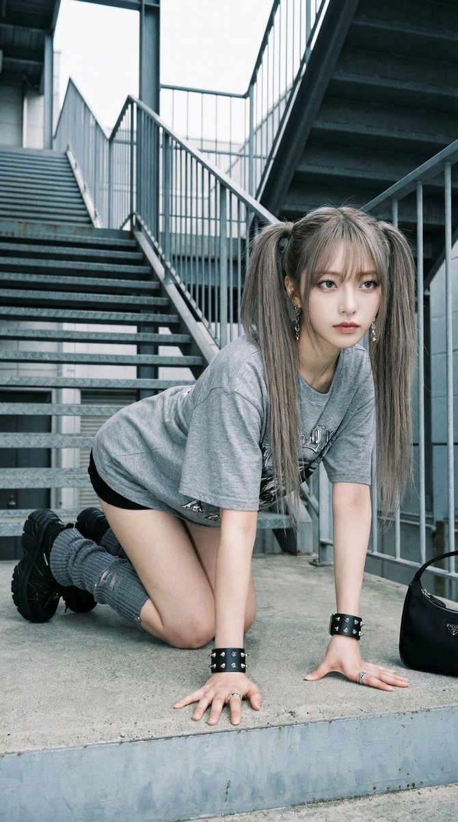 Focused Gaze Meets Industrial Staircase in Moody Overcast Light