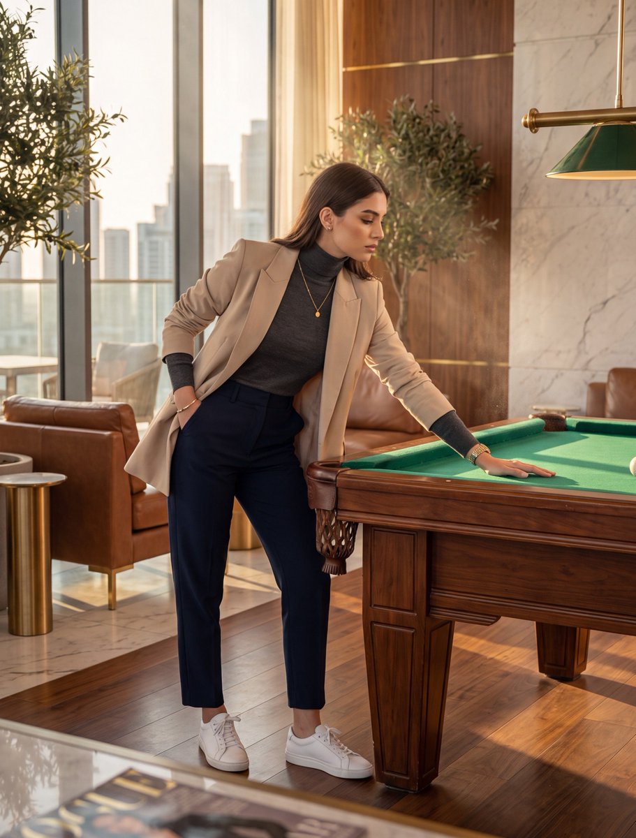 A stylish woman plays billiards in a luxurious sunlit lounge
