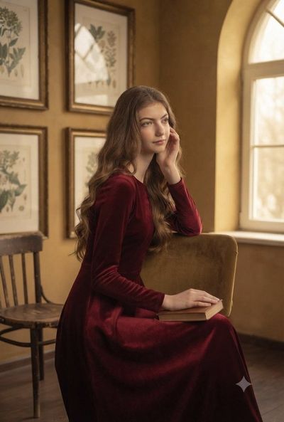 Elegant women in velvet dresses bask in golden window light