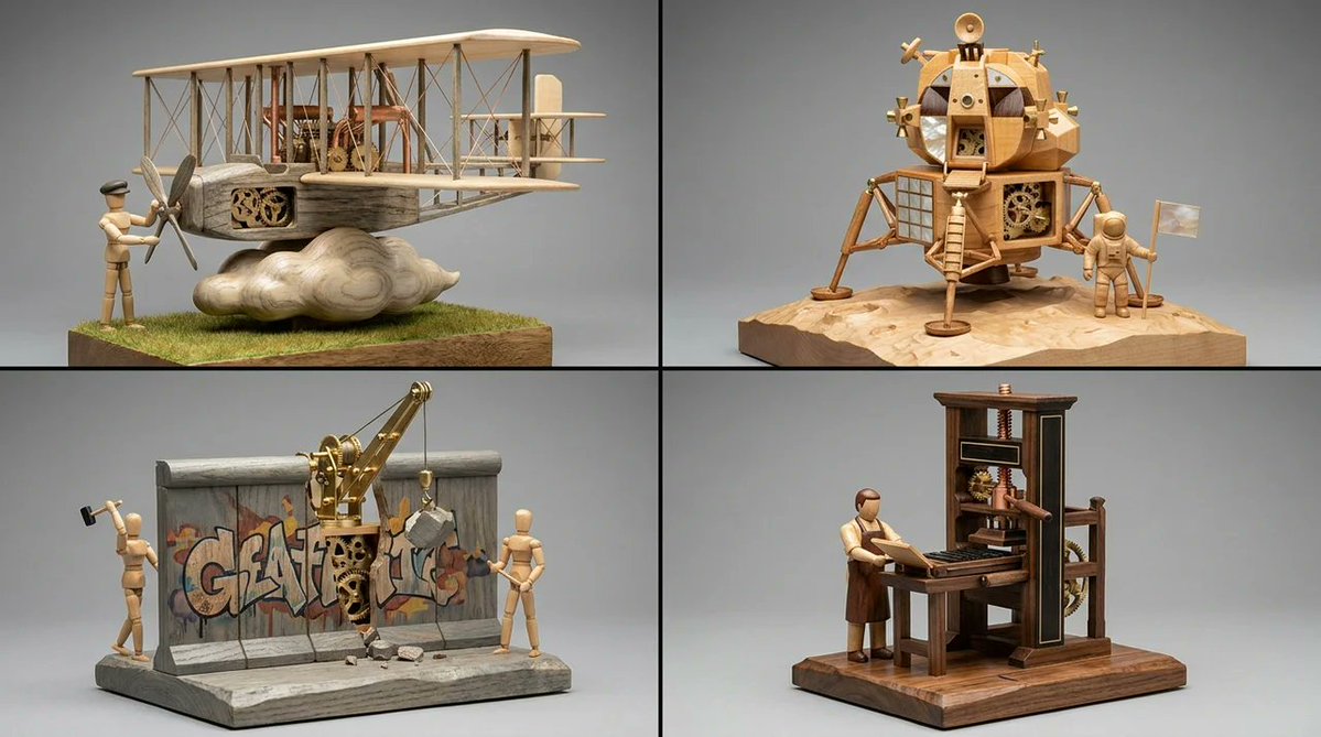 A wooden mechanical elephant with clockwork gears stands on a carved base