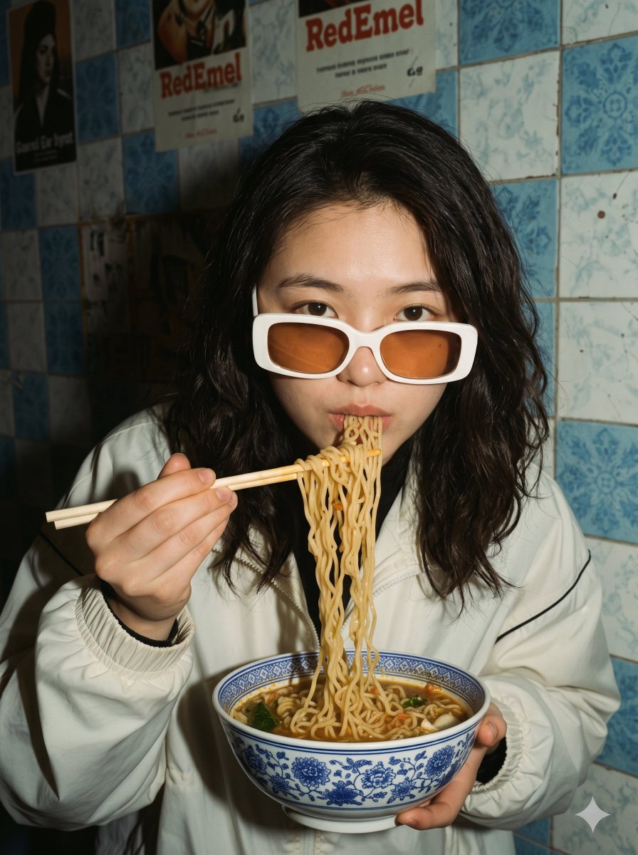 Woman in white track jacket eats ramen with wooden chopsticks