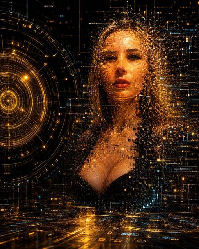 Pixelated face emerges from quantum data and golden circuits