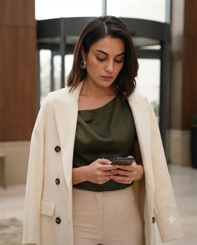 Elegant Woman in Cream Blazer Pauses in Hotel Lobby