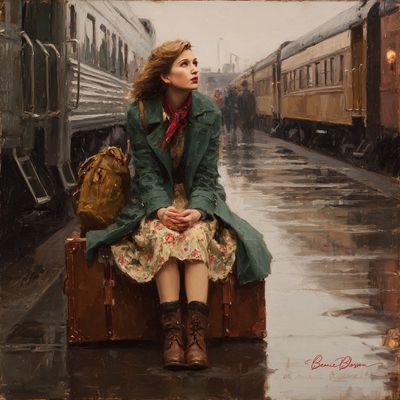 Woman in green coat sits on suitcase at rainy station