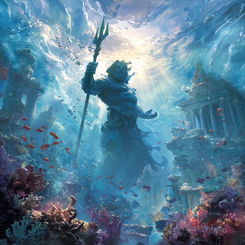 Poseidon towers over coral ruins and schools of fish
