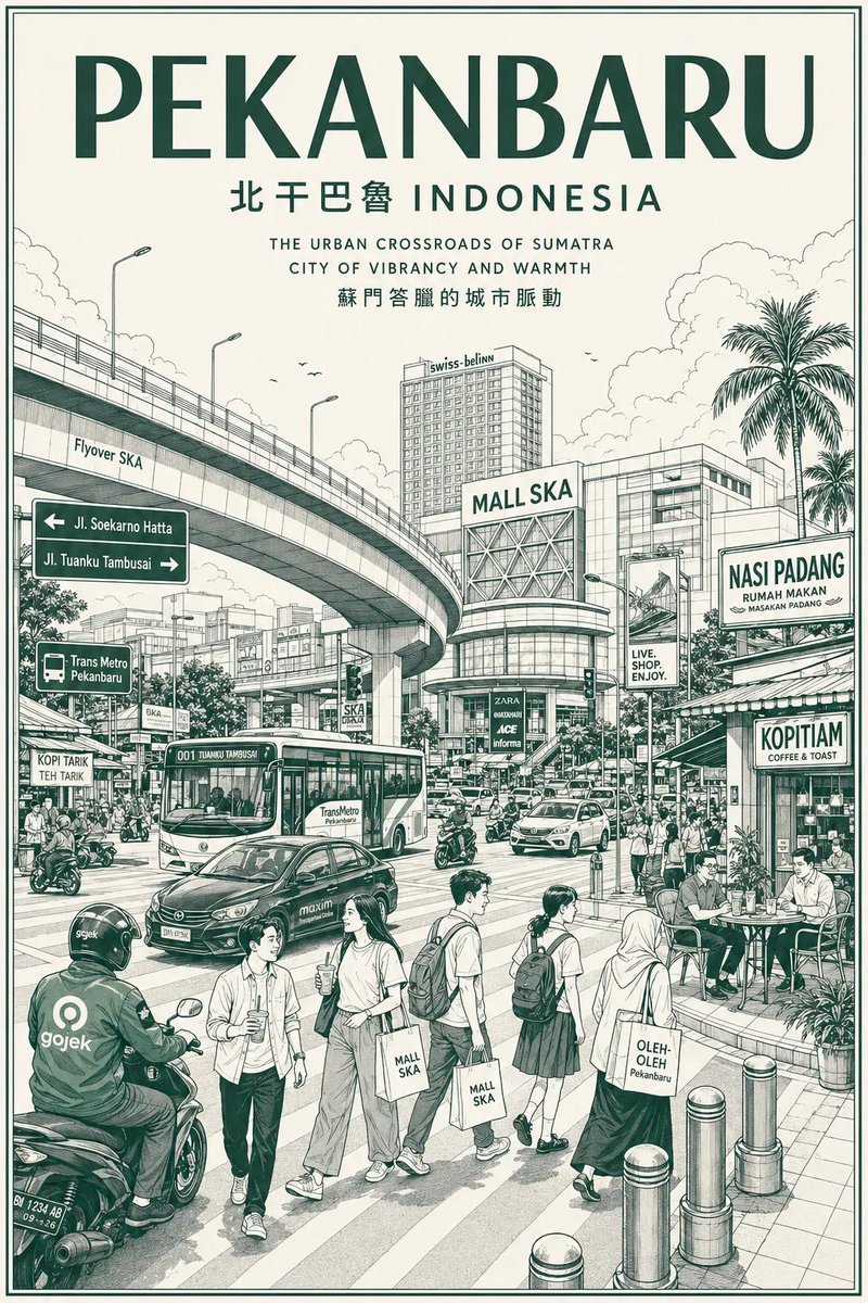 A bustling Jakarta street scene merges line art with soft watercolor