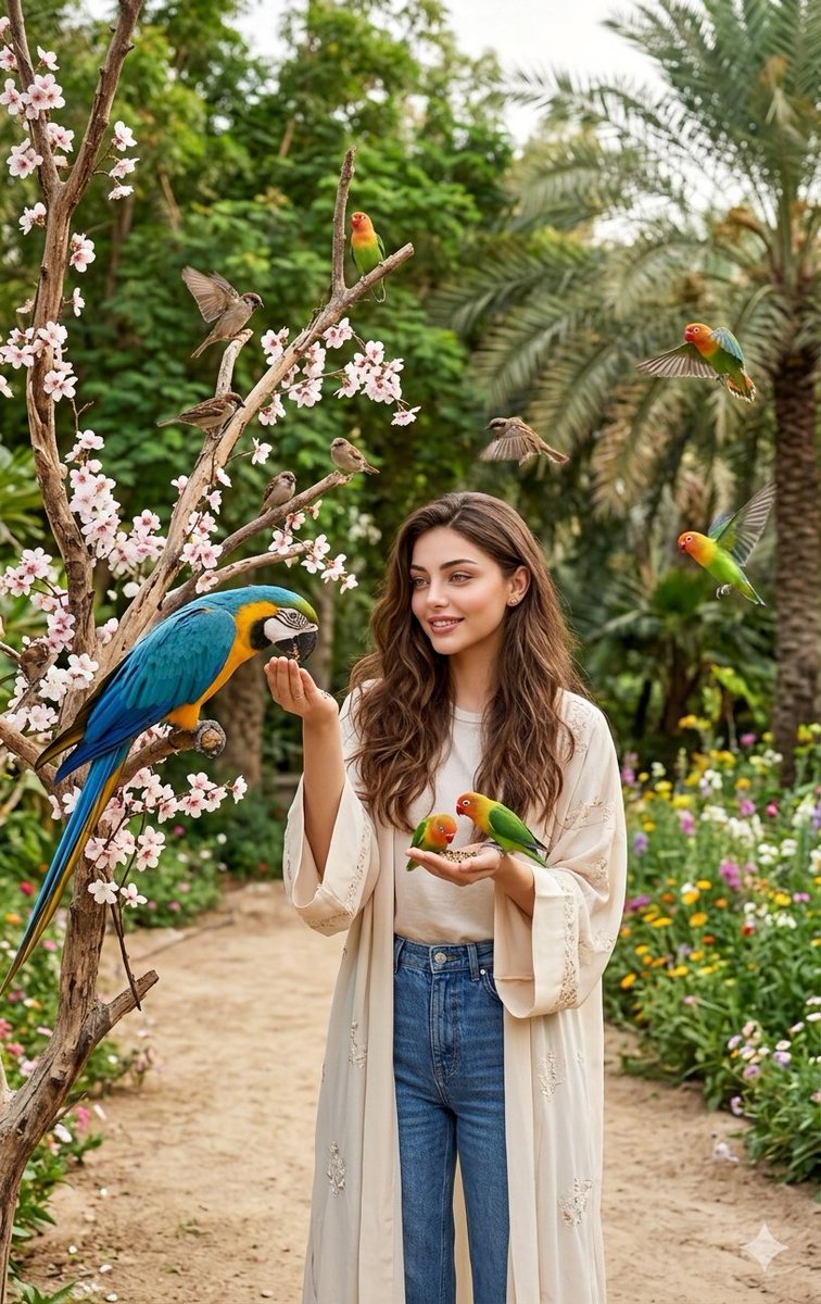 Young Indian woman in cream abaya feeds macaw blossoms