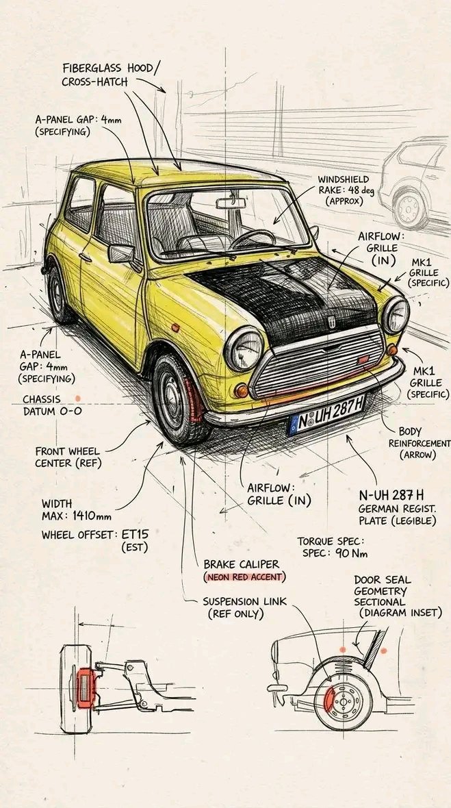 Vintage Mini Cooper Engineering Sketch
