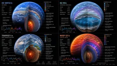 Four exoplanet atmospheres reveal chemical layers in a cutaway diagram