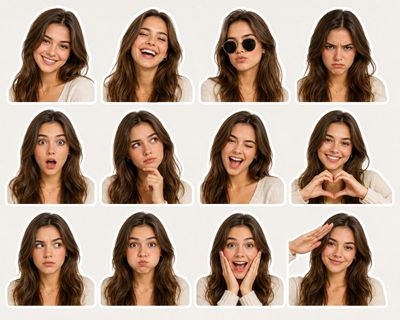 A young woman displays twelve diverse expressions on a sticker sheet.
