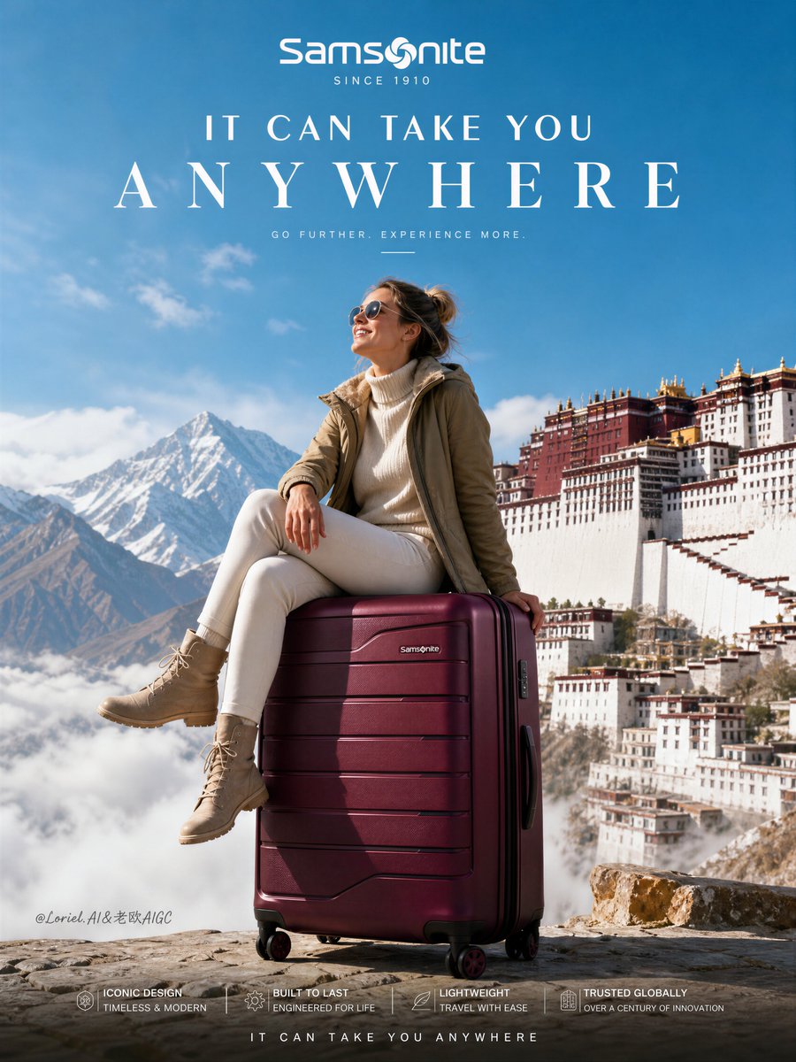 A traveler rests on her Samsonite beneath snow-capped peaks