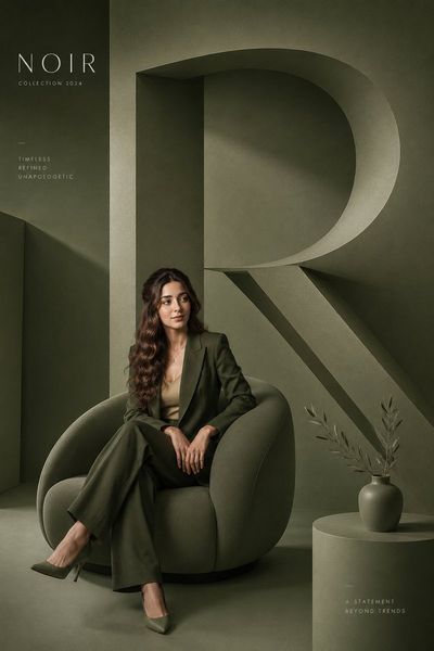 Young woman in green designer chair poses for minimalist fashion poster
