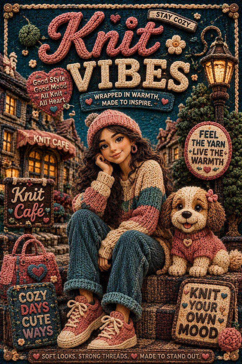 A knitted fashion model poses confidently in a woolen world