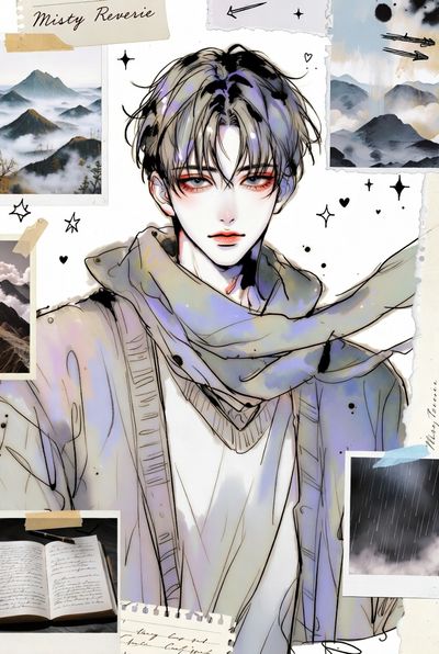Misty anime boy with red eyes wears a cozy scarf