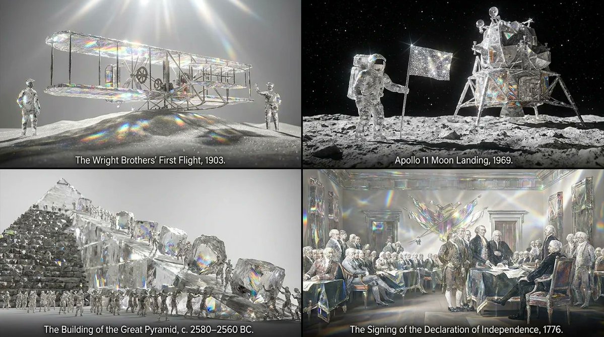 Four historical scenes rendered as raw diamond in a grid