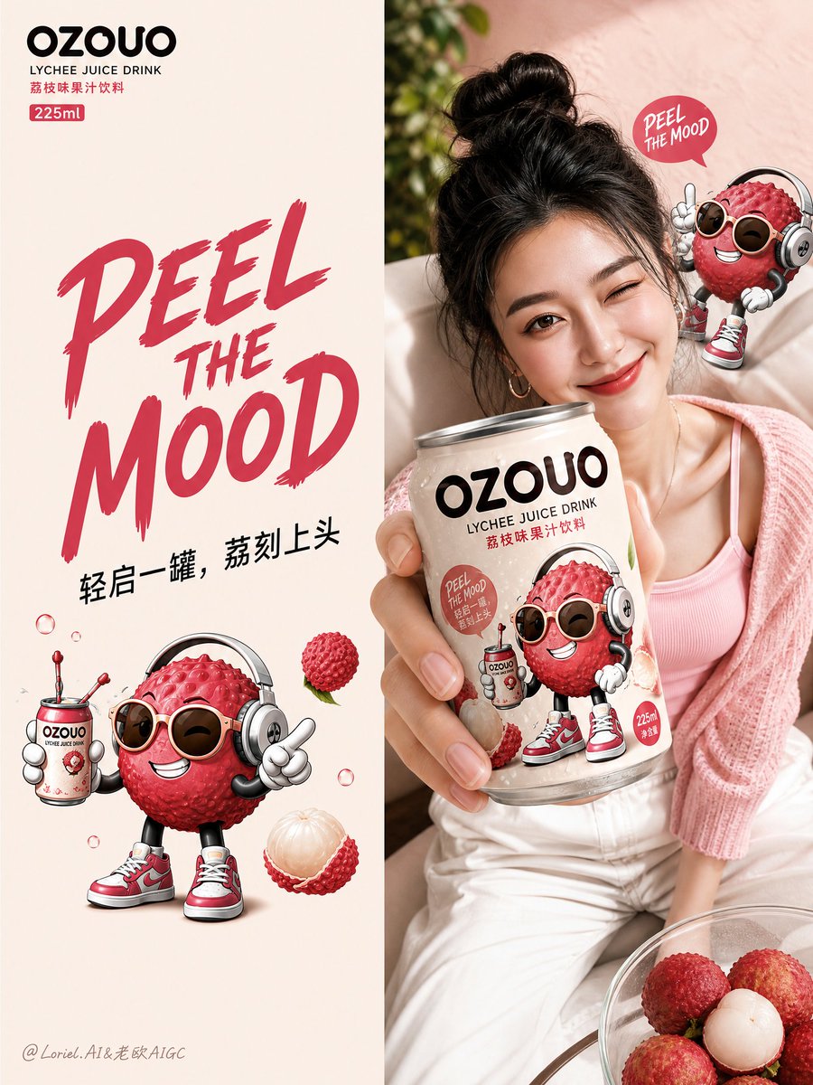 Lifestyle retail board shows OZOUO lychee cans in fridge display
