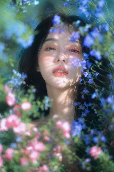 A woman with dark hair gazes through soft floral shadows in sunlight.