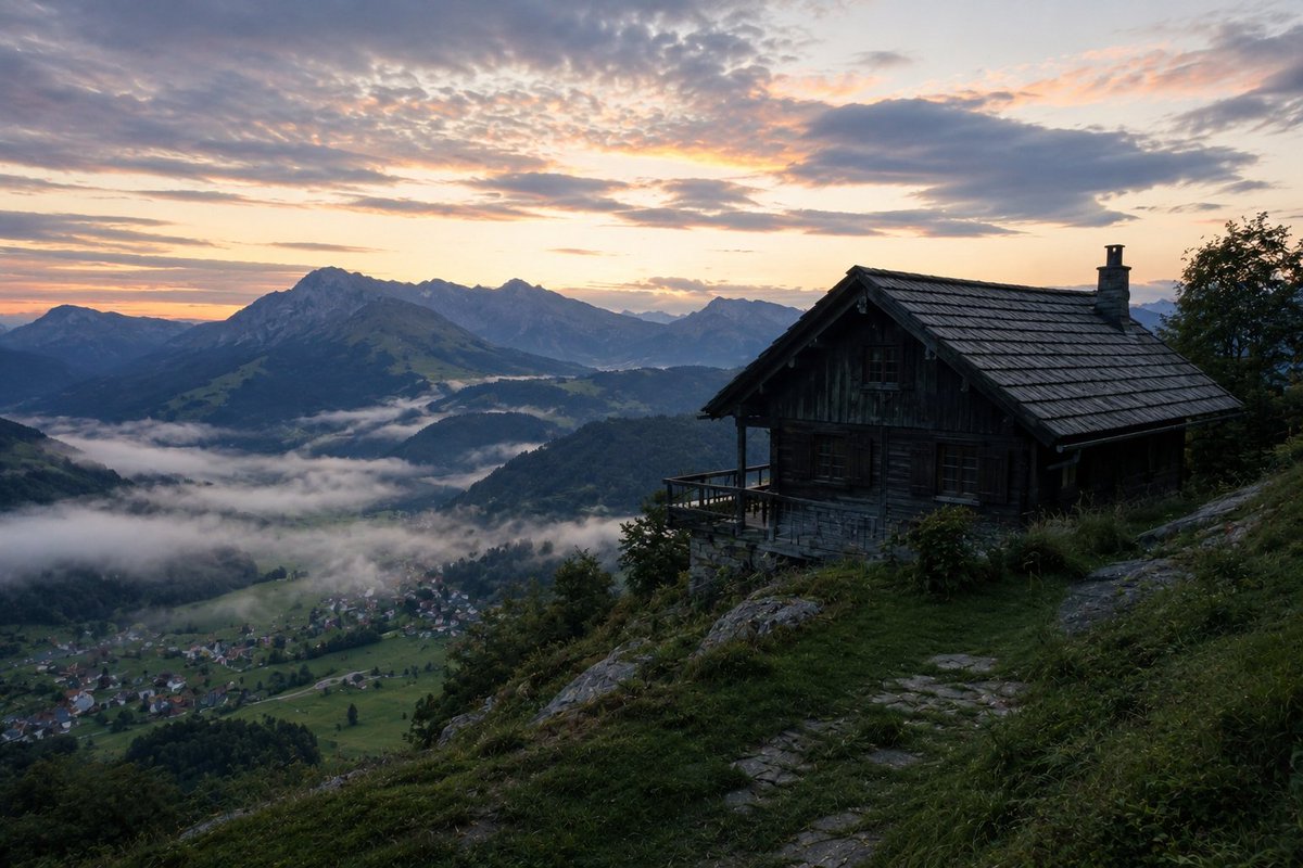 Golden sunrise illuminates jagged peaks above misty alpine cabin