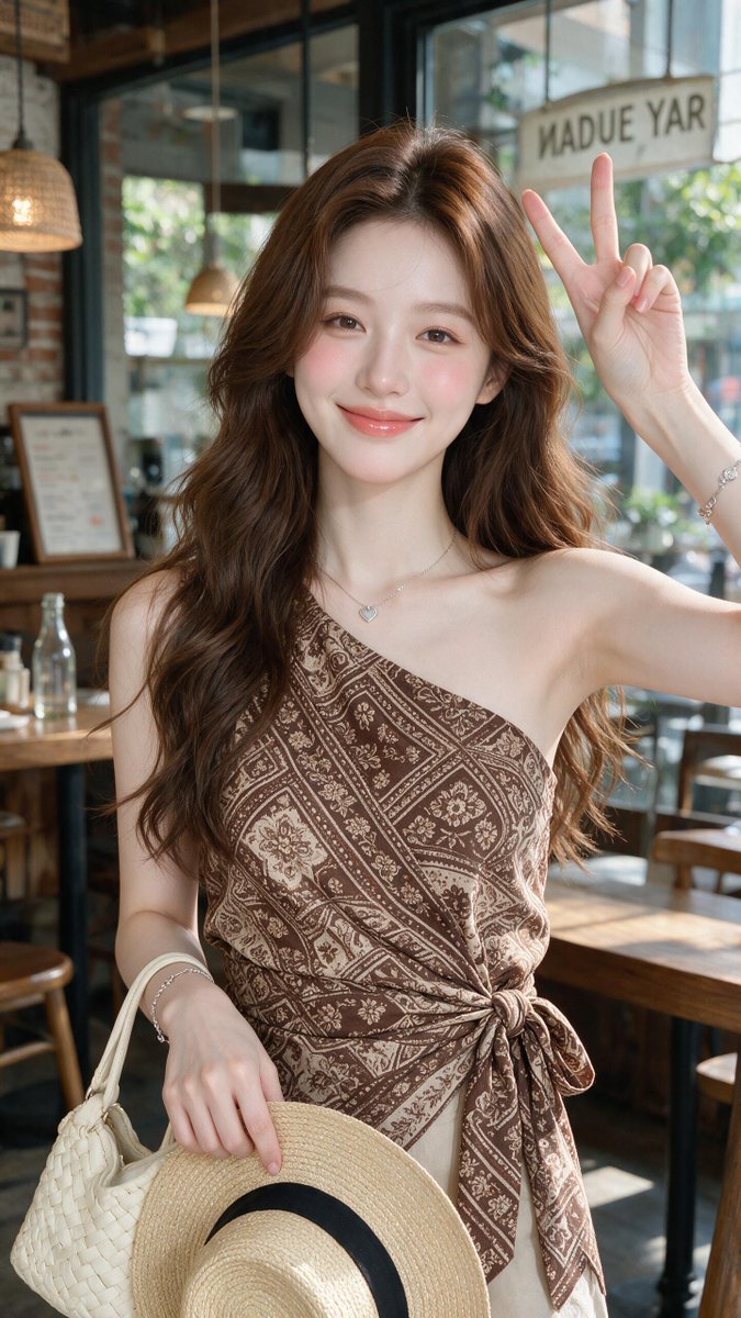 Young woman with peace sign smiles in cozy café wearing batik