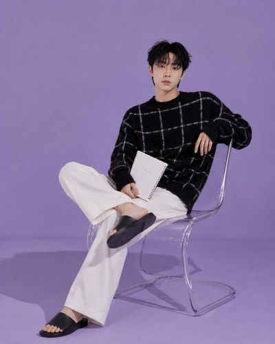 A confident man in black knitwear poses in a lavender studio
