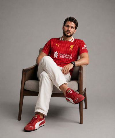 A confident man sits on a luxury chair wearing Liverpool jersey
