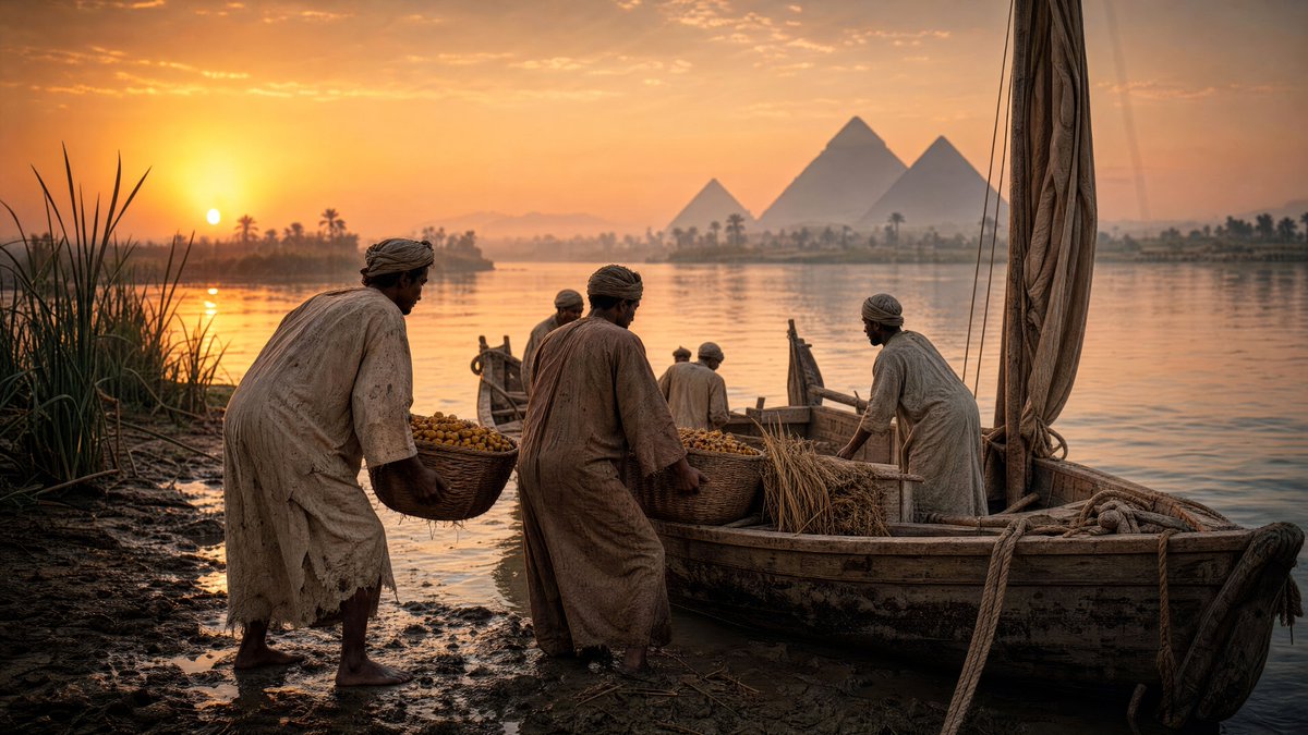 Egyptian farmers load dates onto a felucca at sunrise on the Nile