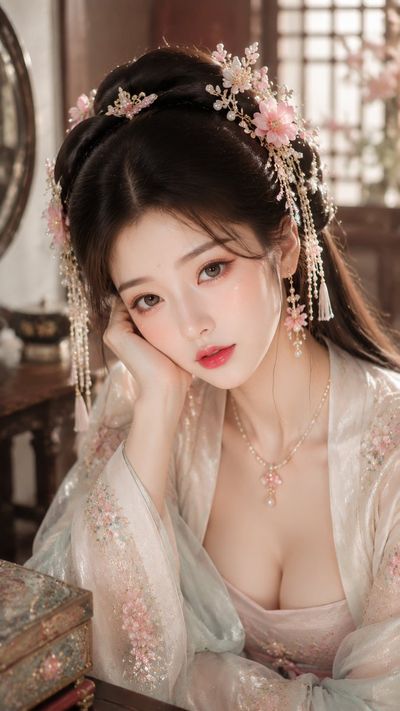 A woman with luminous dewy makeup poses beside an antique bronze mirror