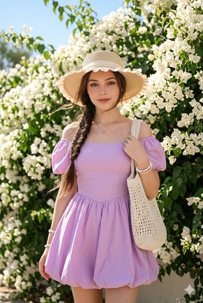 A young woman in a purple dress poses before white bougainvillea flowers.