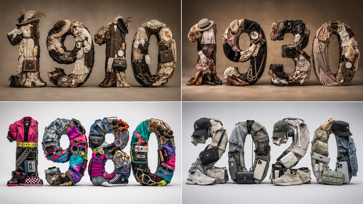 1910s fashion objects form a chaotic numeral sculpture