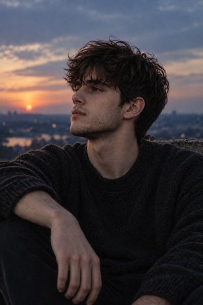 Young man in black sweatshirt gazes at city lights at dusk