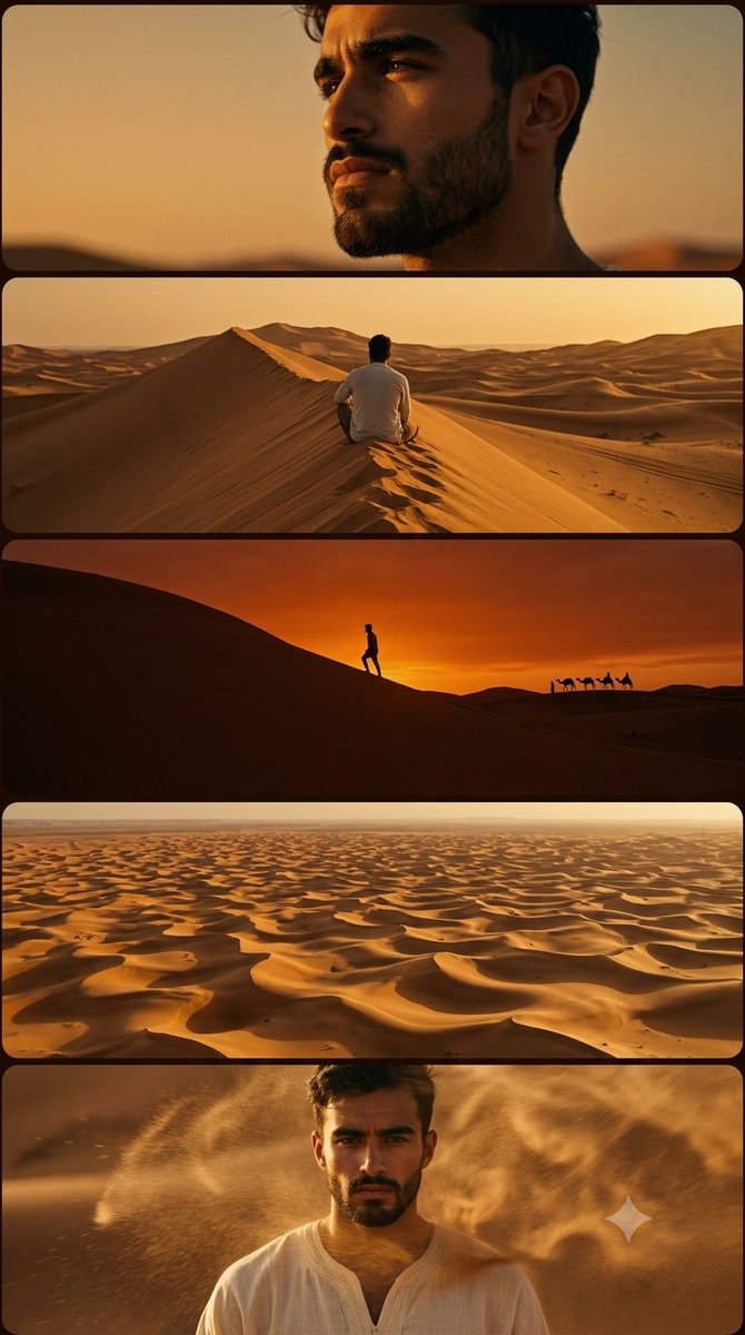 A young man in linen traverses the Sahara's golden dunes.