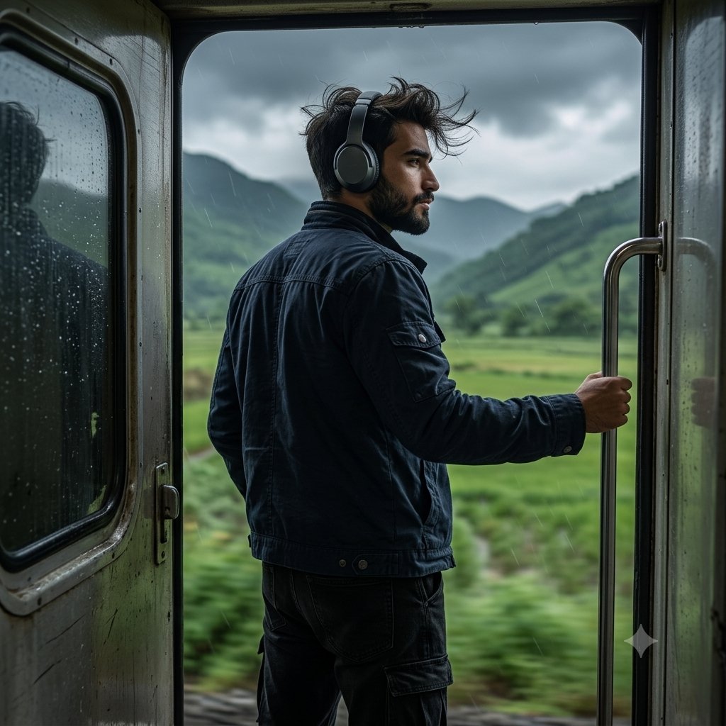 Young man stands at train gate watching rainy mountains