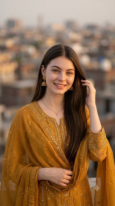 Sunlit South Asian woman in mustard shalwar kameez touches her hair