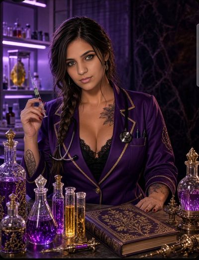 Dark Fantasy Scientist Woman Holds Glowing Green Syringe at Desk