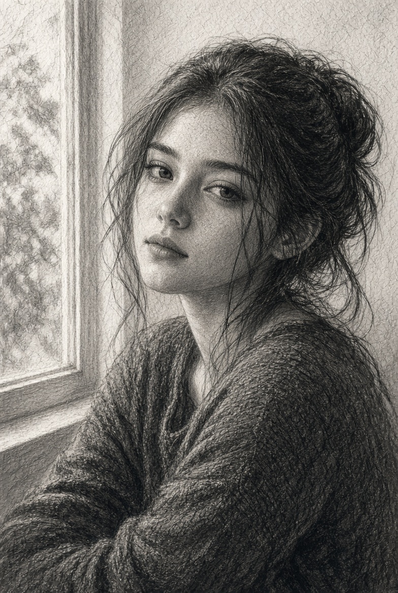 Young woman in cozy knit sweater sits by window, graphite portrait