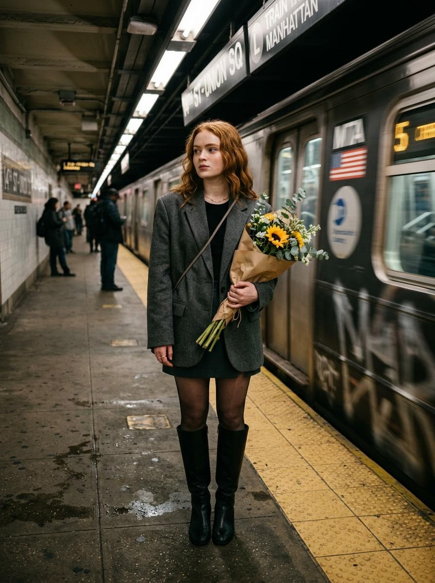 Cinematic Subway Moment: Woman Poised Amid Urban Motion