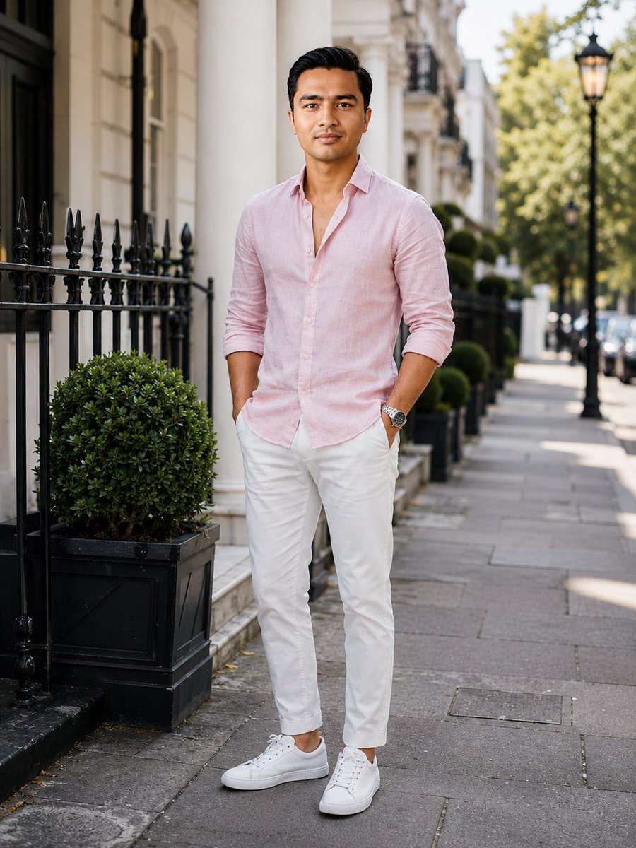 Young man in pink button-down poses on elegant city sidewalk