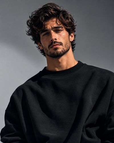 A confident man in a black sweatshirt stares intently upward