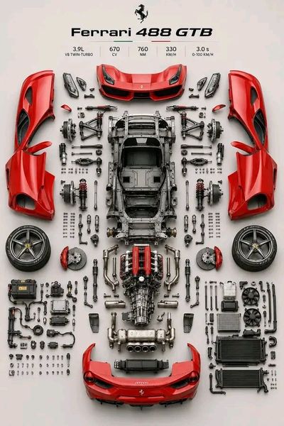 Ferrari 488 GTB disassembled in symmetrical knolling layout