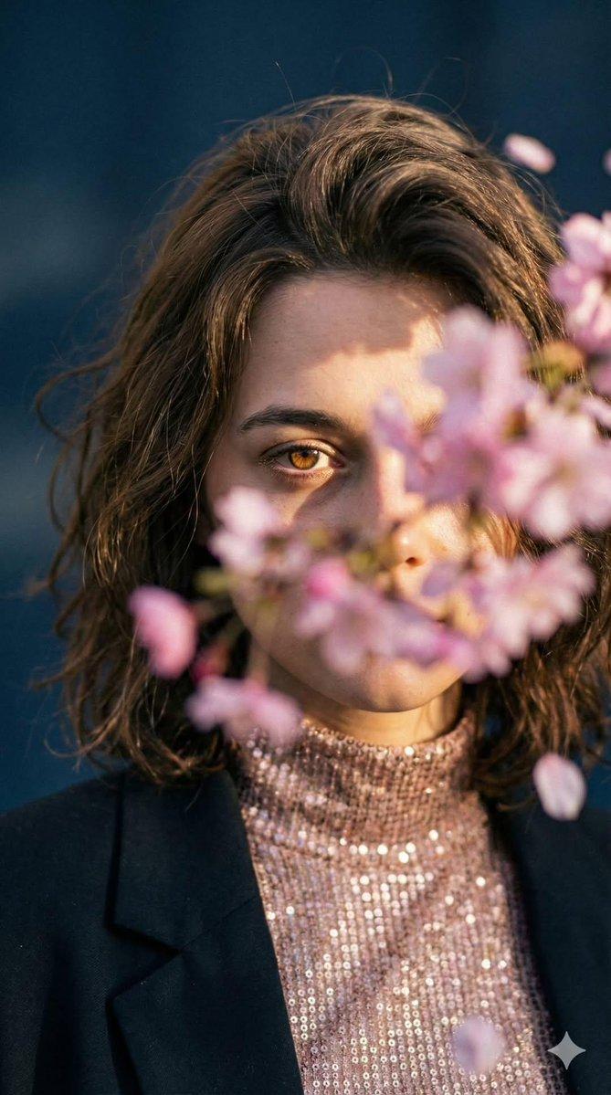 Young woman with green eyes peers through soft pink blossoms in sunlight.