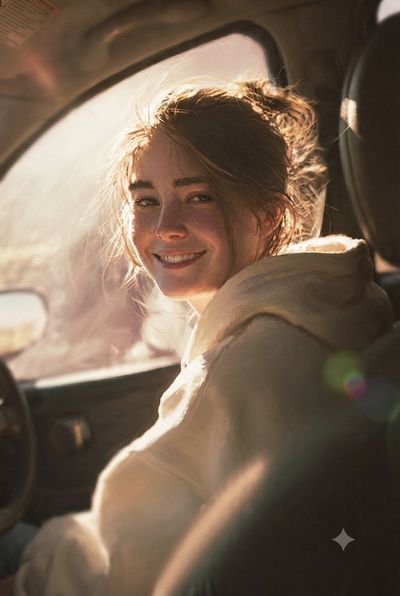 Golden hour light fills the car as she smiles over her shoulder.