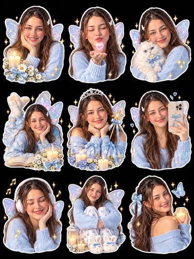Nine fairy stickers show woman in baby-blue sweater on black