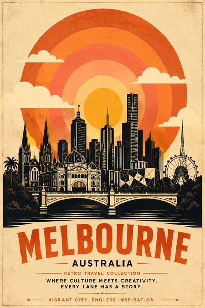 A vintage travel poster features Paris skyline with geometric sun