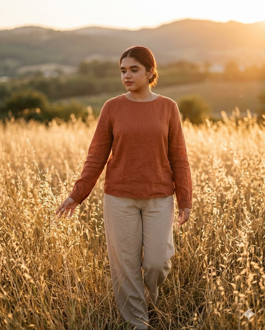 A woman walks through golden grass at sunset in peace