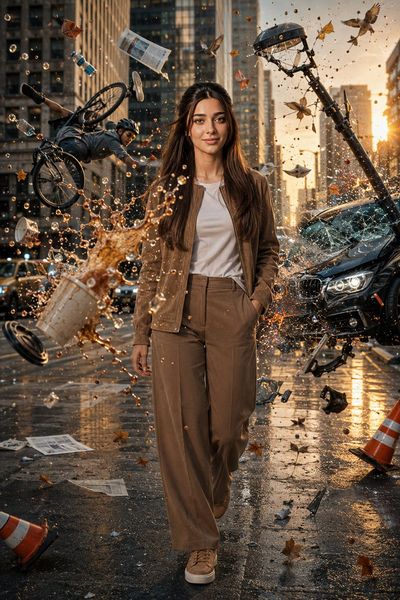 Woman walks through frozen chaos as coffee explodes mid-air