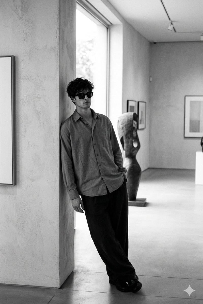 A contemplative man leans in a minimalist gallery space