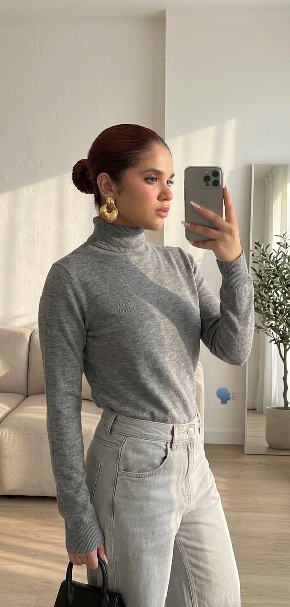 A girl captures a mirror selfie in soft morning light