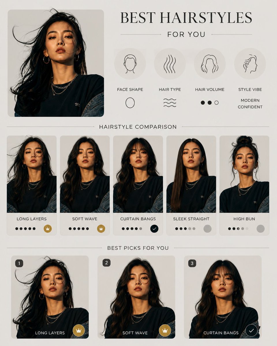 Elegant hairstyle analysis infographic showcases six premium salon options